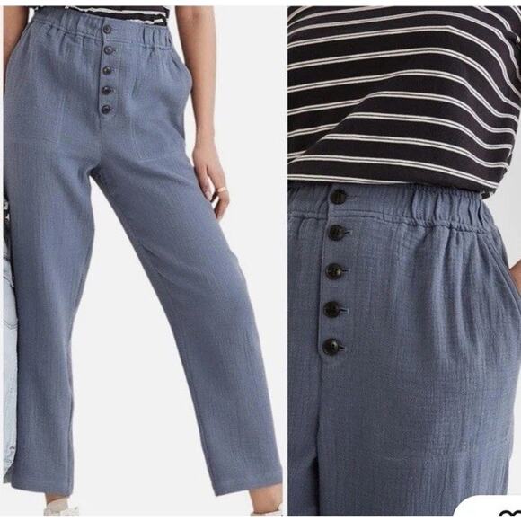 Madewell Blue Pull-On High-Rise Pants Comfy Linen Blend Light Womens Sz L NWT - Picture 1 of 10